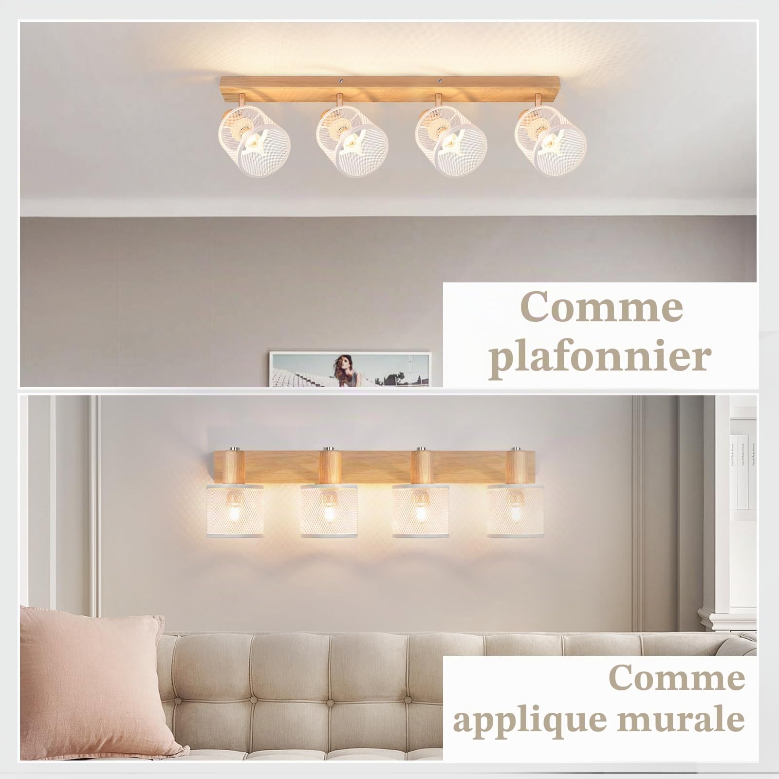 Plafonnier Moderne 4 Spots Orientables Bois et Métal Blanc, Douille
