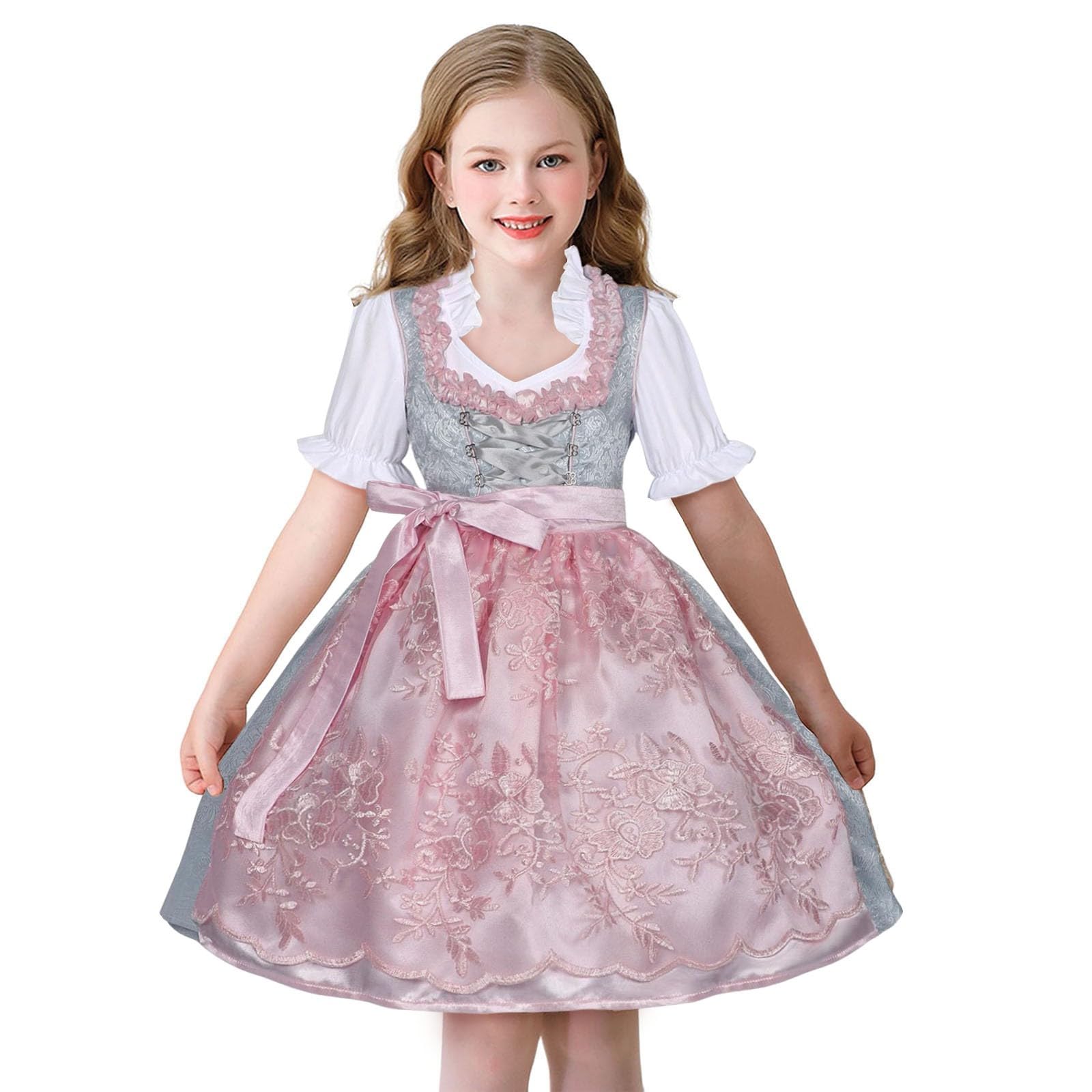 Mädchen Dirndl 3-TLG Kleid Dirndlbluse Schürze Kinder Oktoberfest Trachtenkleid Midi Bierfest Dirndlkleid Bayerisches Spitze Kleider Hochzeit Elegant Kinderdirndl Trachten Dirndl Set