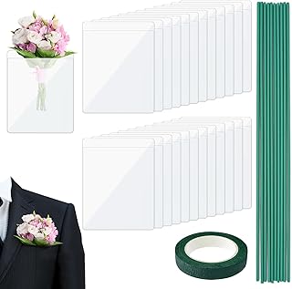 25 Pack Pocket Boutonniere Plastic Sleeve Kit, Pocket Boutonniere Holder for Wedding Groom Groomsmen Prom Suit Jacket Pocket with 10 Pcs Green Floral Stems 1 Roll Floral Tape (Flowers Not Included)