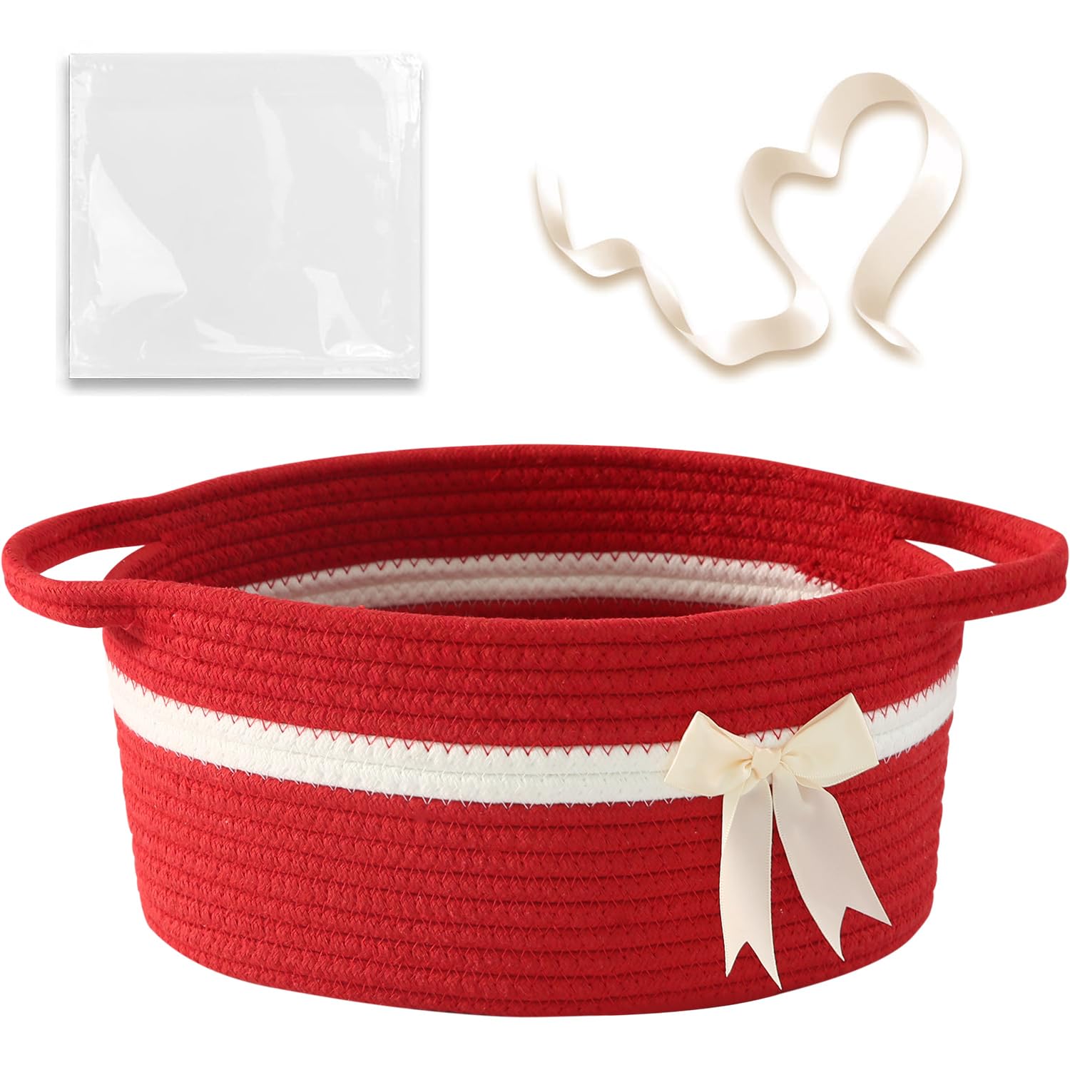 Empty Gift Bowknot Basket with Ribbons and Bow and Gift Bags, Decorative Baby Gift Baskets Empty Small Woven Rope Cat Dog Toys Basket with Handles, Red-image-49
