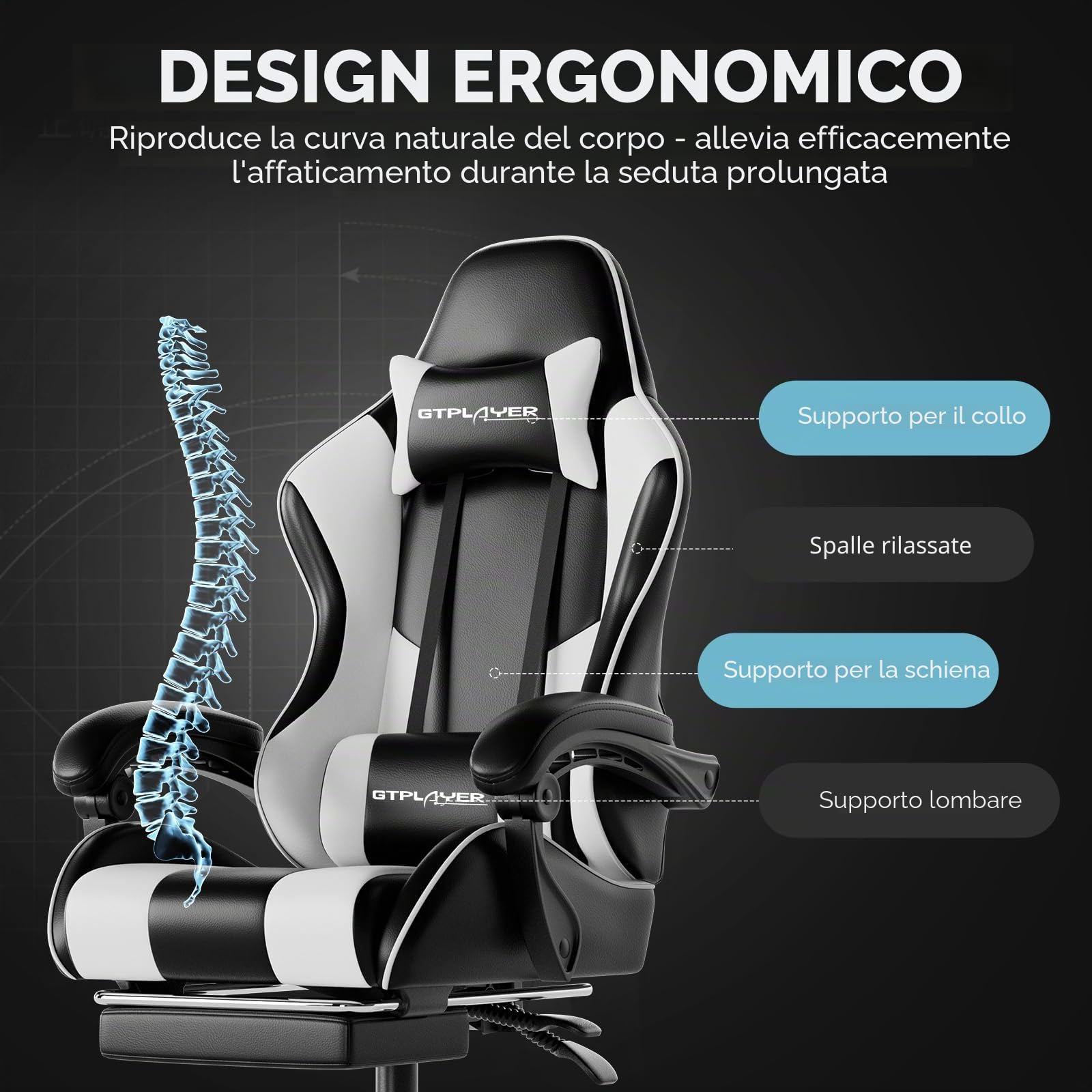 GTPLAYER Sedia Gaming Sedia da ufficio Sedia Gamer Music con altoparlante Bluetooth, design ergonomico (bianco)
