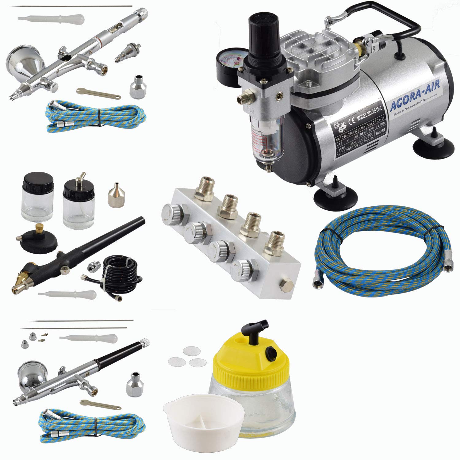 Agora-Tec® Airbrush Set EXPERT XIV.13 mit Kompressor 4 bar/20 l/min + 3 Pistolen inkl. Nadeln/Düsen 0,2/0,3/0,5/0,8 mm + regelbarer 4-fach Luftdruckverteiler + Clean Pot + 3 Schläuche + Adapter