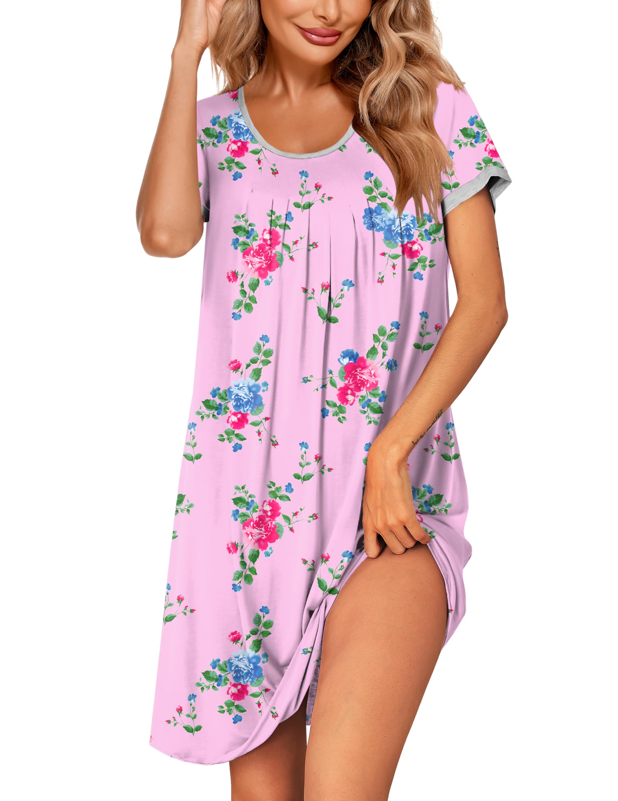 Ekouaer Womens Nightgown Short Sleeve Sleepwear Soft Pleated Sleepshirt | Women Scoopneck Nightshirt, Loose Night Gown, Year-Round Sleep Dress, Maternity Labor Gown, Outdoor Loungewear