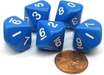 Set of 5 D10 10 Sided 20mm Opaque RPG Dice - Blue with White Numbers