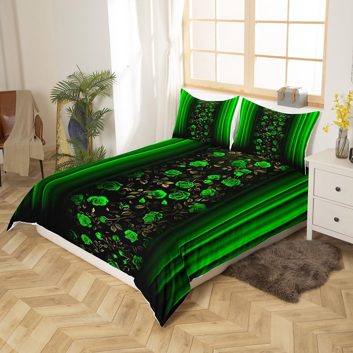 Homemissing Floral Bedding Set Ombre Green Rose Teens Duvet Cover Set for Kids Boys Girls Green Rose Flower Decor Comforter Cover Romantic Modern Quilt Cover 3Pcs King Size - Image 3