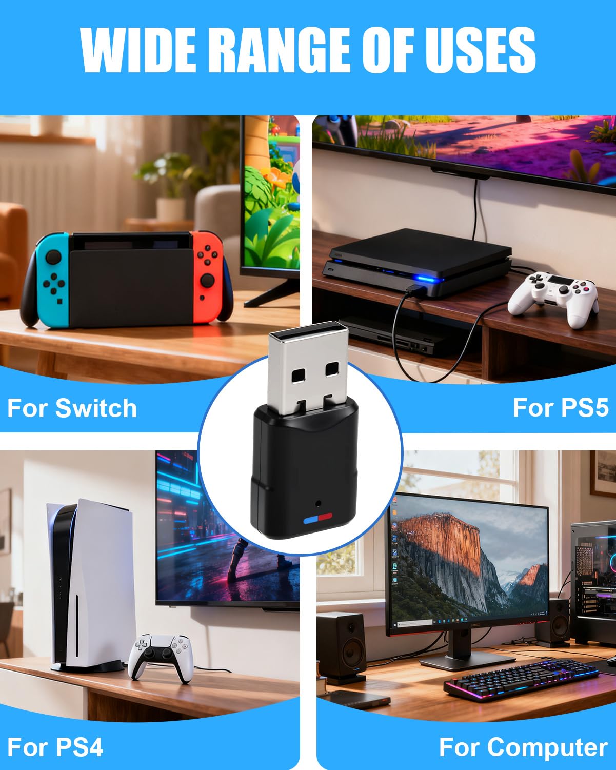 Adaptateur USB Bluetooth 5.3 pour PS4 PS5 PC Switch Audio Dongle Faible Latence
