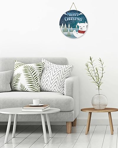 Miniatura 4 de Letrero de bienvenida para puerta delantera, porche, frontones de pared, cuernos de Navidad, oso polar, corona de 10 pulgadas, letrero redondo de