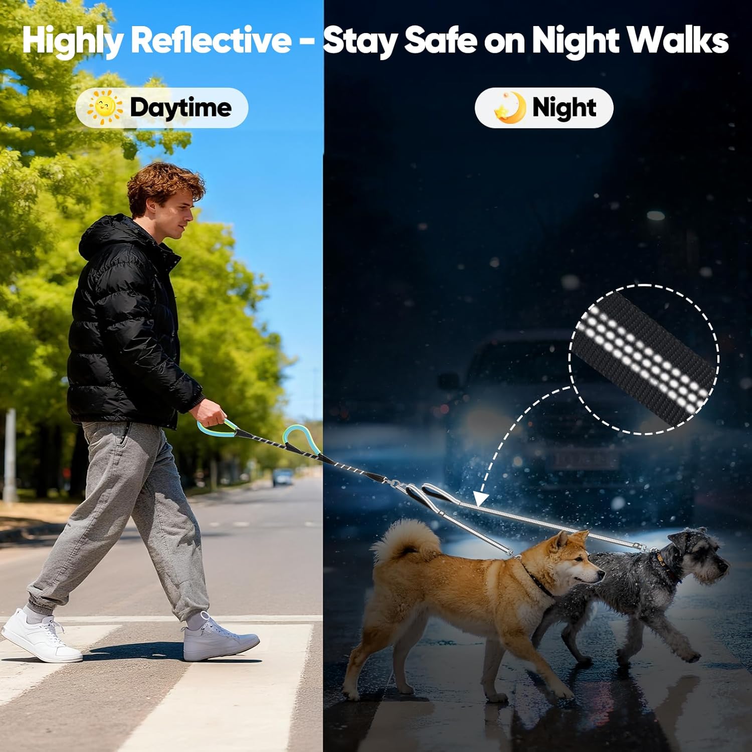 XiaZ Double Dog Leash for Two Dogs, No Tangle with 360° Swivel & 4 Comfortable Handles Highly Reflective Rope, Adjustable Splitter Dual Leash for Large Medium Rope Dogs