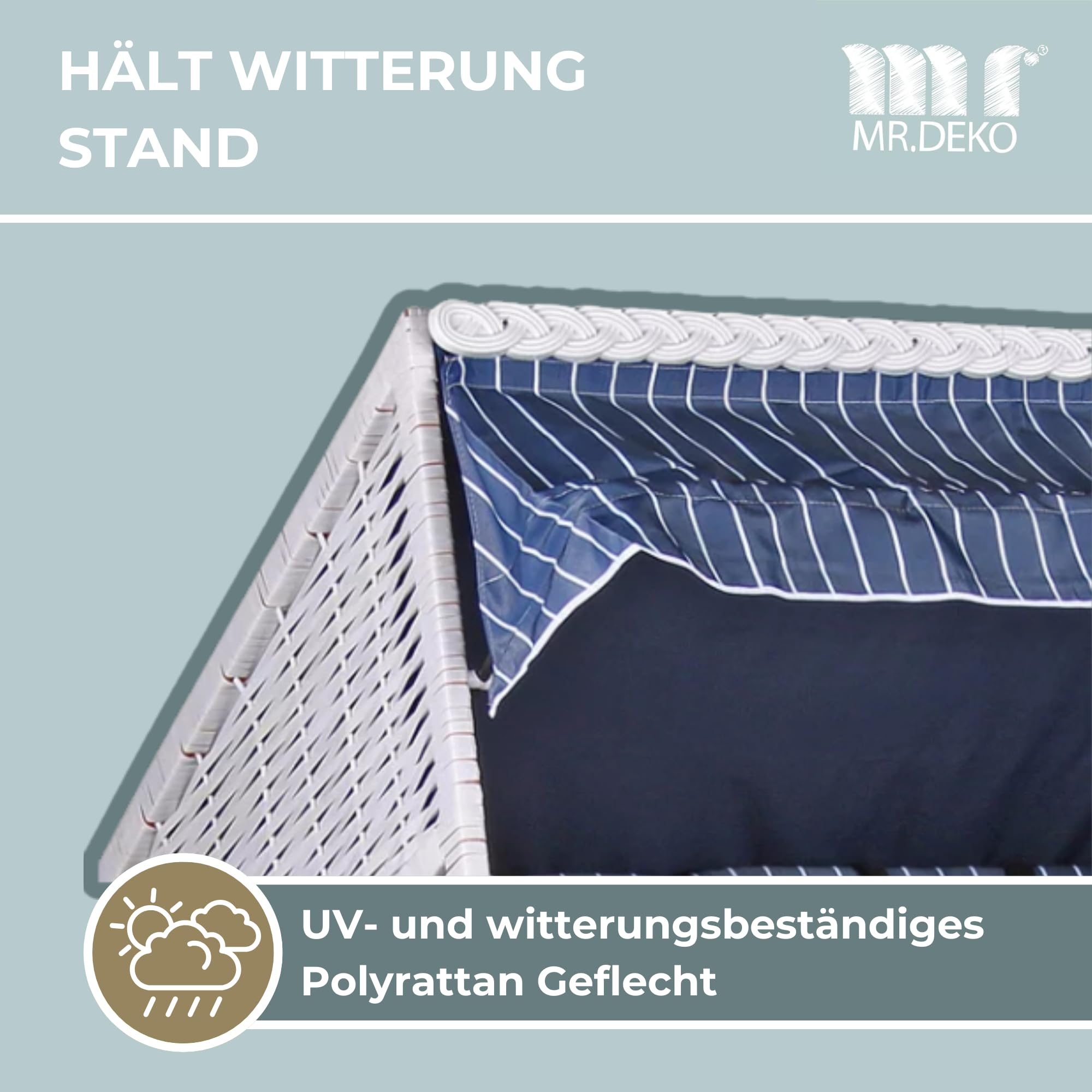 Mr. DEKO® Strandkorb Baltique rotin PE Blanc Bleu | qualité Premium | résistant Pluie Vent | Fauteuil-Cabine détente | mobilier de Jardin et Balcon extérieur, Coin Repos Chic