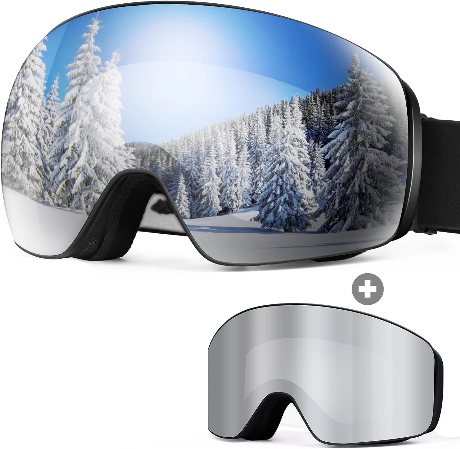 Ski Goggles OTG with 2 Interchangeable Lens, Magnetic Goggles Revo Anti-fog/UV
