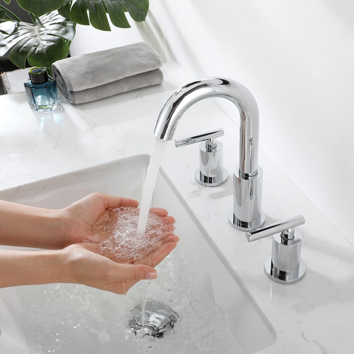 Widespread Bathroom Sink Faucet with Drain and Supply Hose, Chrome 3 Hole Faucet for Bathroom Sink, ChiLDano Polished Chrome 2-Handle Bathroom Faucets CH2183CP - Image 3