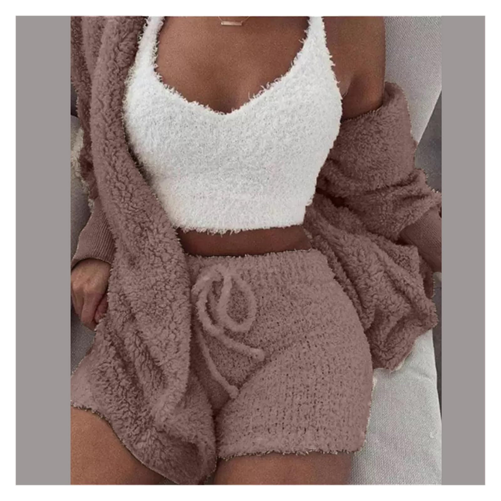 Conjunto de Pijama Mullido de 3 Piezas para Mujer Conjuntos de 3 piezas for mujer, cárdigan con capucha de lana de felpa, abrigo, Top corto, pantalones cortos de motorista, chándal informal, sudaderas