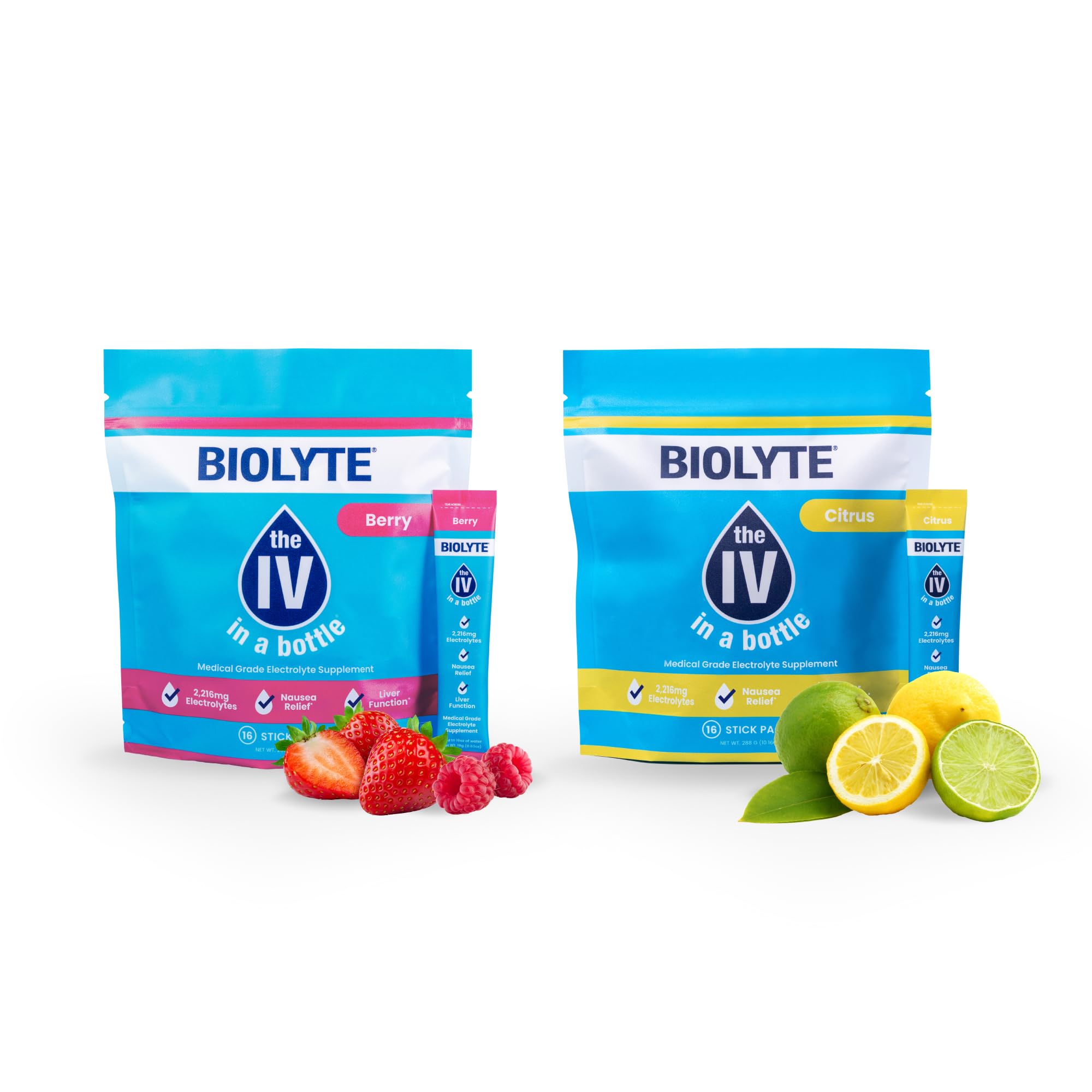 BIOLYTE IV Electrolyte Powder Packets, IV Liquid Drink Mix, Doctor-Developed Hydration, HSA & FSA Approved Dehydration Relief, Chemotherapy Must Haves for Women & Men - Citrus & Berry (32 Pack)