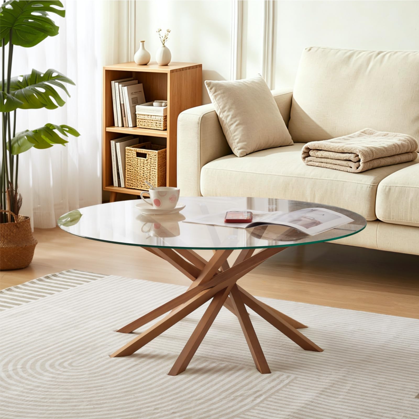 DURISEN Round Glass Coffee Table Walnut