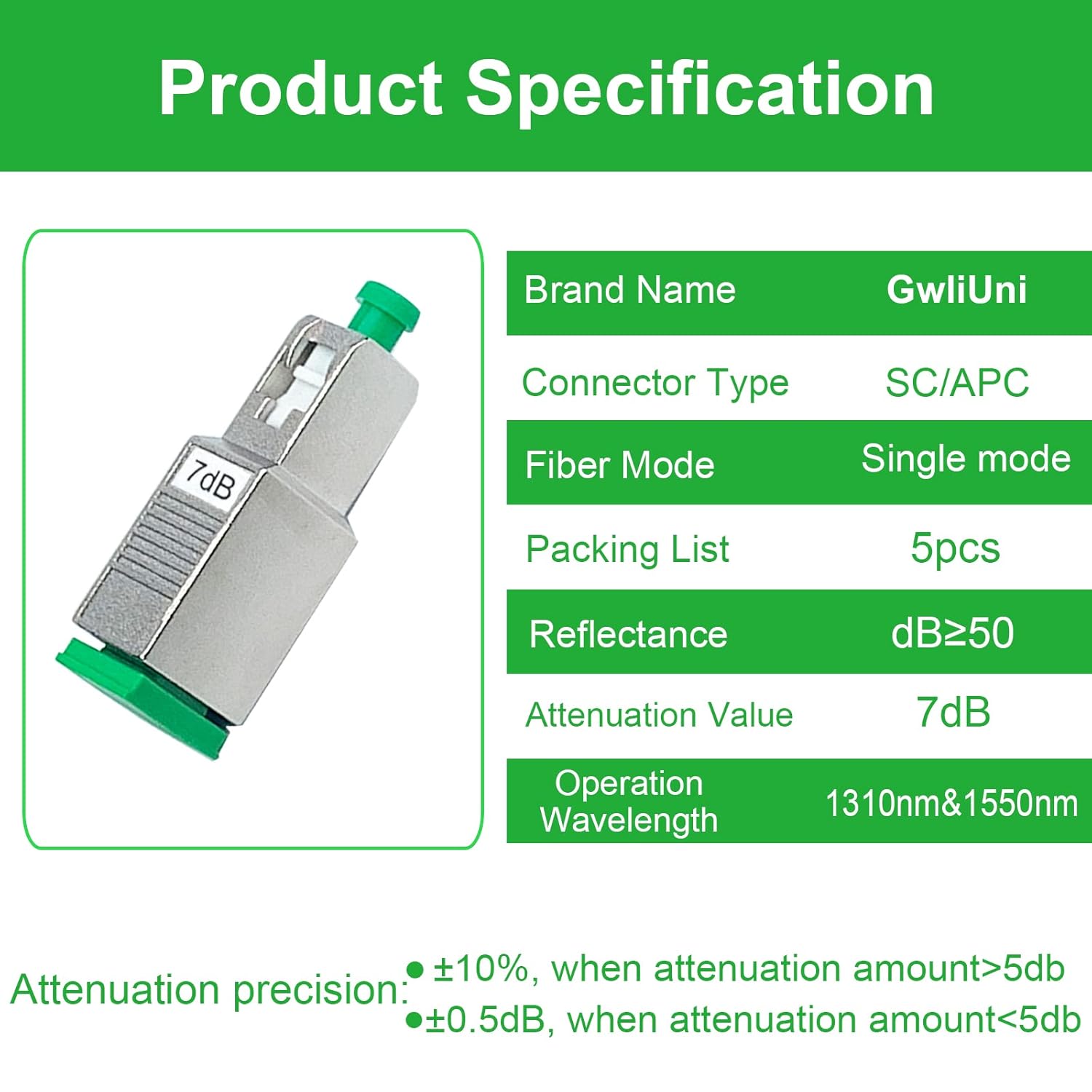 5Pcs 7dB SC for APC Fiber Optic Attenuator, Fiber Signal Attenuation Converter, SC Inserts Connector