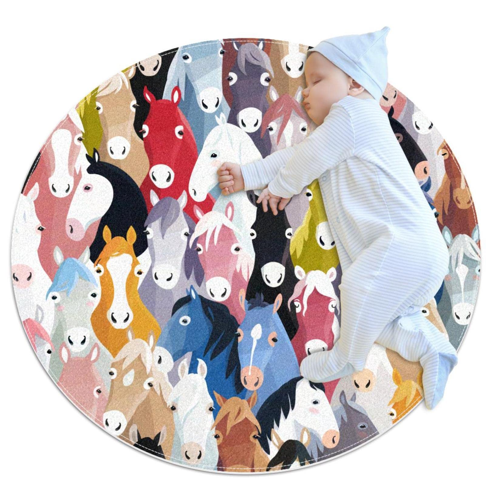 Tapis de jeu pour enfants rond JDEZ aux motifs chevaux colorés 80x80cm