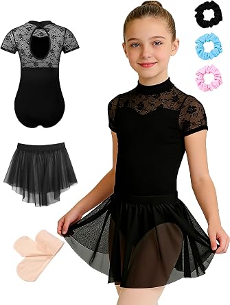 Girls Ballet Outfit Short Sleeve Leotard with Skirt Tights | Four-Way Stretch Girls Black Ballet Outfit,Matching Ballet Tights,Pull-On Skirt for Group Performances & Ballet Classes