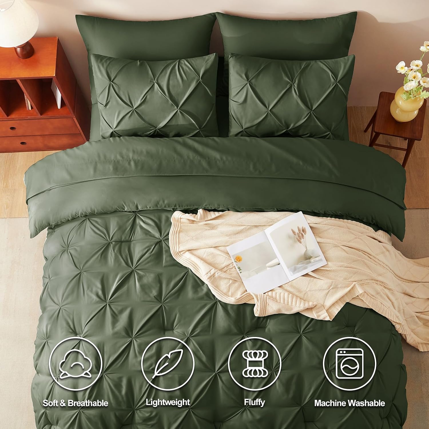 cozylux queen comforter set olive green, 7 pieces pintuck bed in a bag, all season comforter queen size, bed set gift for family, pinch pleat bedding sets with comforter, sheets, pillowcases & shams olive green queen