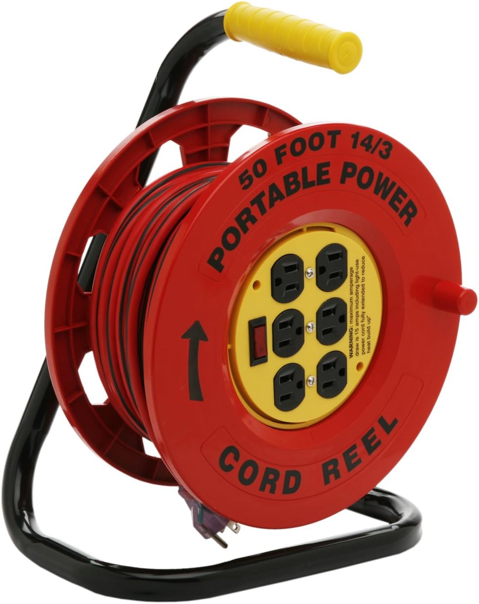 Southwire E-235 Power Stations Cord Reel - 14/3 Gauge Electrical Cord with 6 Grounded Outlets - Built-In Circuit Breaker & Lighted Power Switch - Red & Black - 50 Feet