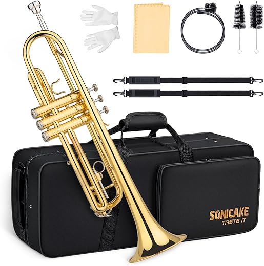 SONICAKE Standard Bb Trumpet for Beginners, Golden Brass Student Trumpet with Rigid Case, Mouthpiece 7C Gloves QTP-01