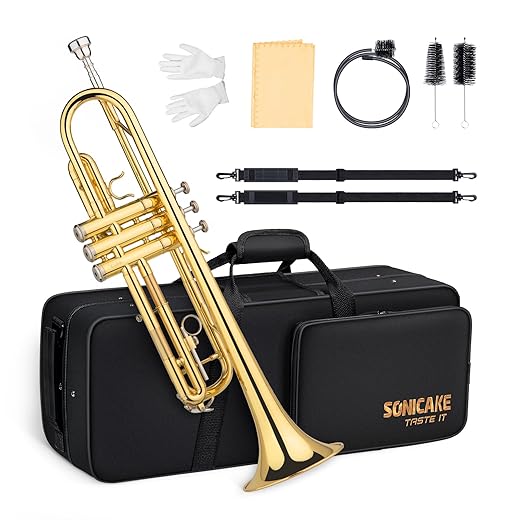 SONICAKE Bb Standard Trumpet, Student Trumpet Set for Beginner, Brass Trumpet Instrument with Hard Case, Cleaning Kit, 7C Mouthpiece and Gloves, Ideal Gift for School Band Orchestra, QTP-01, Golden
