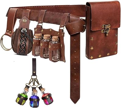 Renaissance Belt Pouch Coin Purse Witch Alchemist Potion Bottle Vilas Hook Set Medieval Pirate Festival Costume Accessories 4-Brown