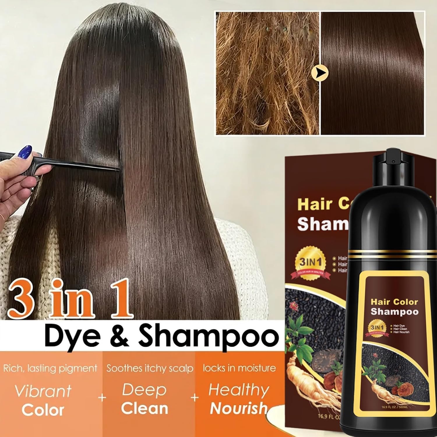 Hair Dye Shampoo 3 in 1, 100% Gray Coverage Root-to-Tip Coloring & Care, Long-Lasting Hair Color Shampoo with Natural Extracts, Easy Home Use for All Hair Types 16.9 fl oz (Natural Black)