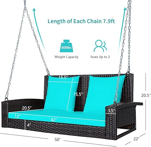 Miniatura 8 de RELAX4LIFE - Columpio de mimbre de 2 asientos, con dos cadenas de acero sólido de 7.9 pies, cómodos cojines de respaldo y asiento, para pórtico