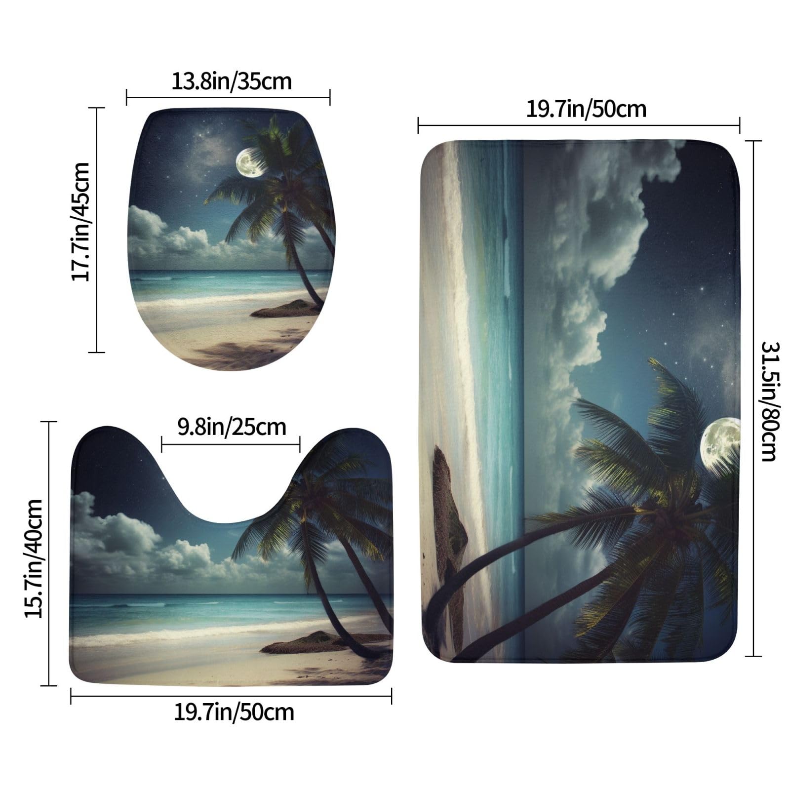 Lot de 3 tapis de bain antidérapants et absorbants en flanelle, motif plage tropicale, palmier, pleine lune, tapis de bain, tapis de contour et housse pour abattant WC
