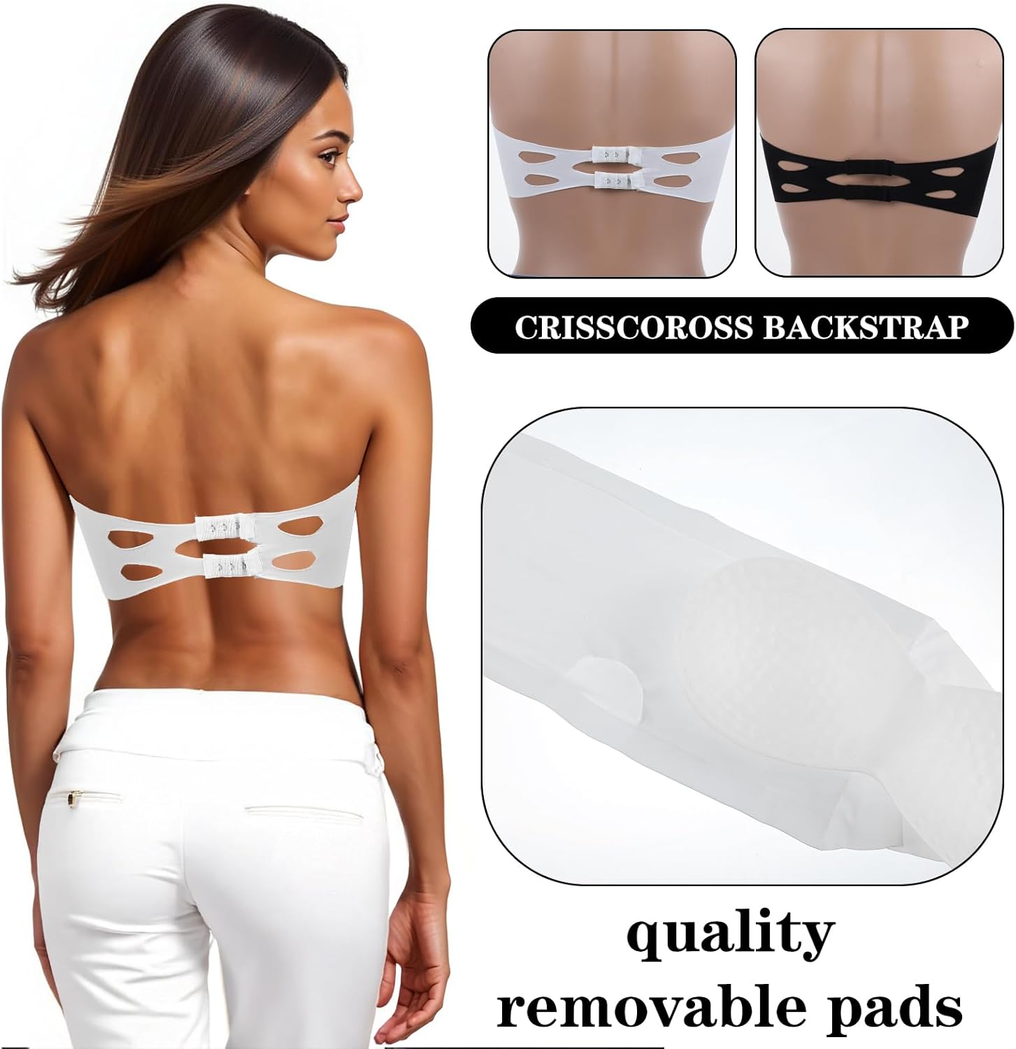 2 Pieces Women's Bandeau Tube Top Bra, Wireless Strapless Bralette Seamless Bandeau Tank Top Non-Slip Padded Bra, Black, White - Image 2