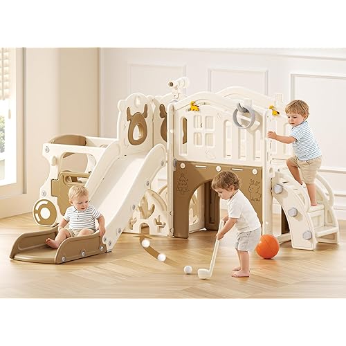 YUFU 10 in 1 Toddler Slide Set, Bus Themed Kids Slide with Climber, Golf Set, Ring Toss, Basketball Hoop, Indoor Outdoor Playset Playground for Toddlers Age 1-3, Beige Coffee