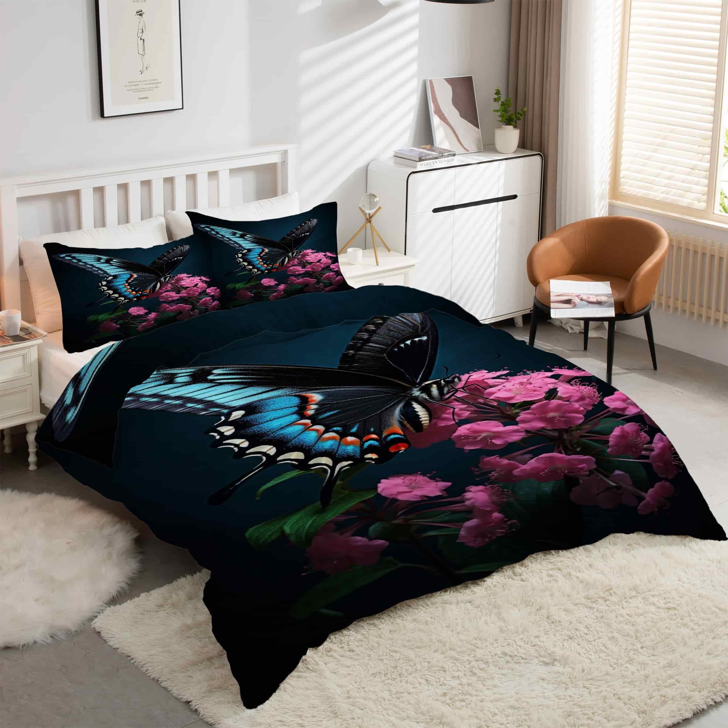 Housse de couette 160x200 papillons en microfibre douce avec fermeture éclair pratique kK1245