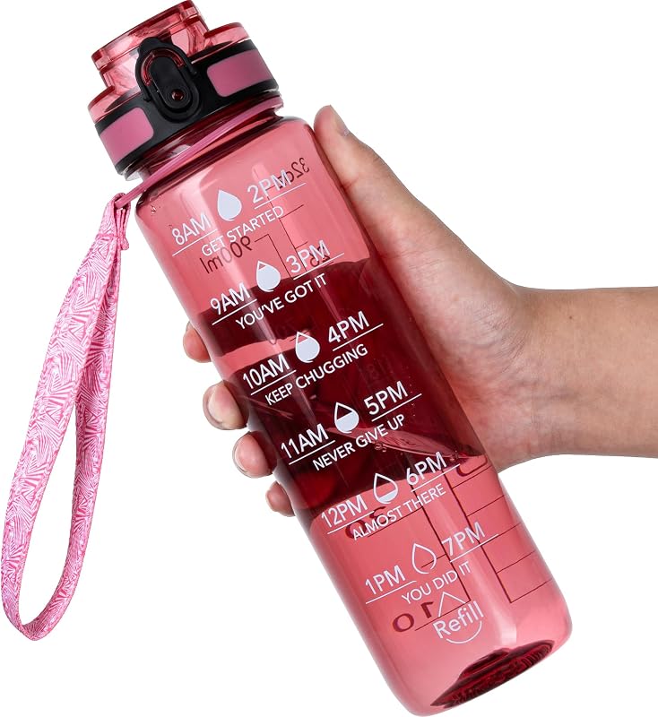 OLDLEY Botella de agua, botella de agua deportiva motivacional de 32 oz con marcador de tiempo - Tiempos para beber - Tritan, sin BPA, boca ancha a prueba de fugas, rojo transparente