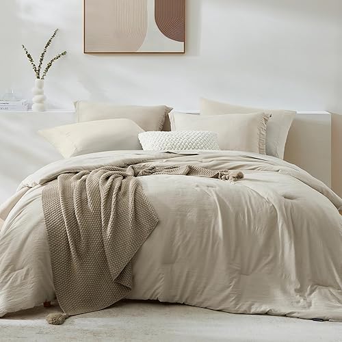 WRENSONGE King Size Comforter Set, 7 Pieces Soft Light Oatmeal Bed in a Bag King with Fitted Sheet, Flat Sheet, 2 Pillow Shams, and 2 Pillowcases- Warm Bedding Set for All Season