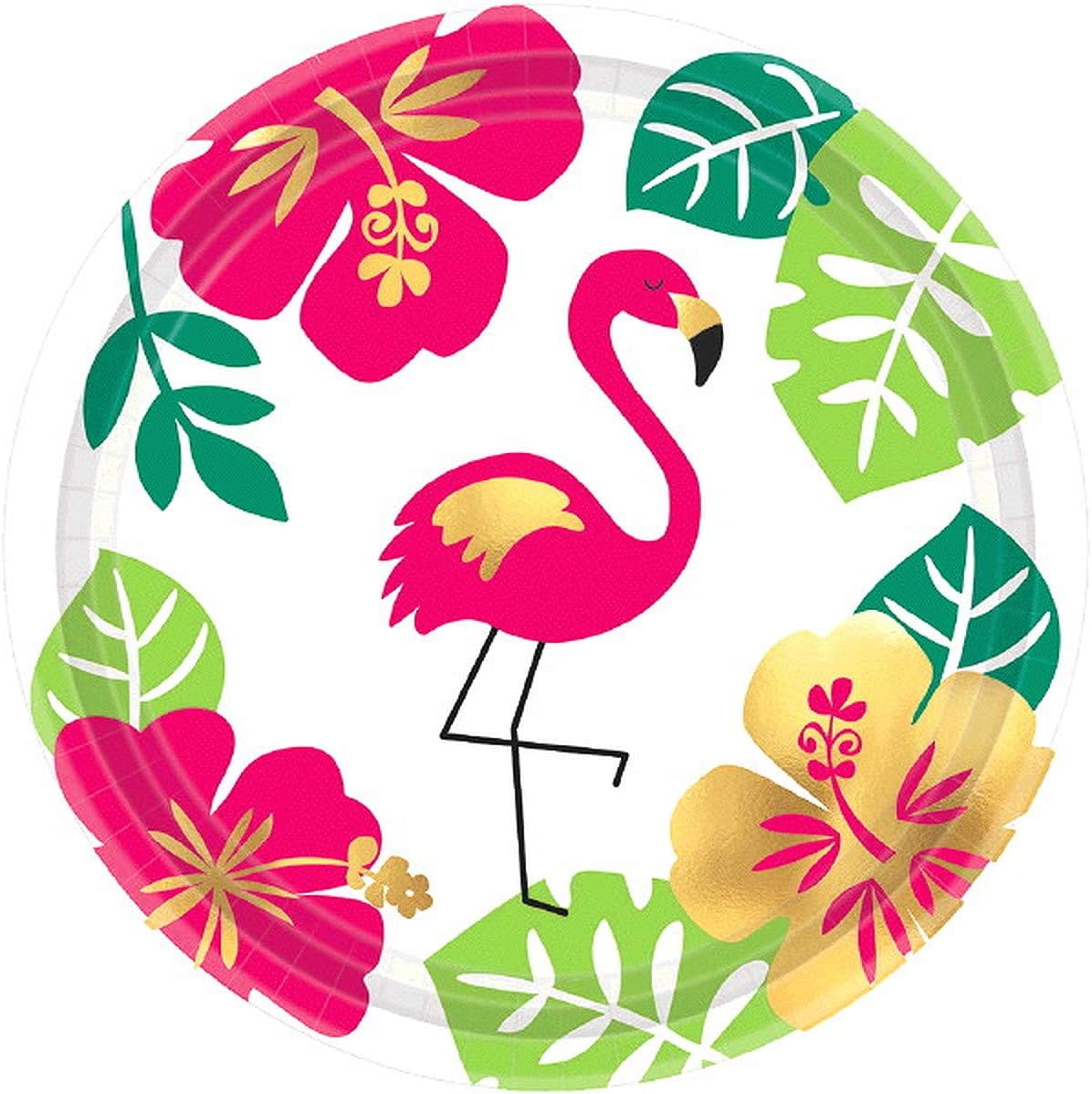 Amscan Aloha Round Metallic Plates, 7" (12 Packs of 8) - Vibrant Flamingo Colorful Party Plates, Perfect for Tropical & Luau Themed Parties - 96 Pcs.