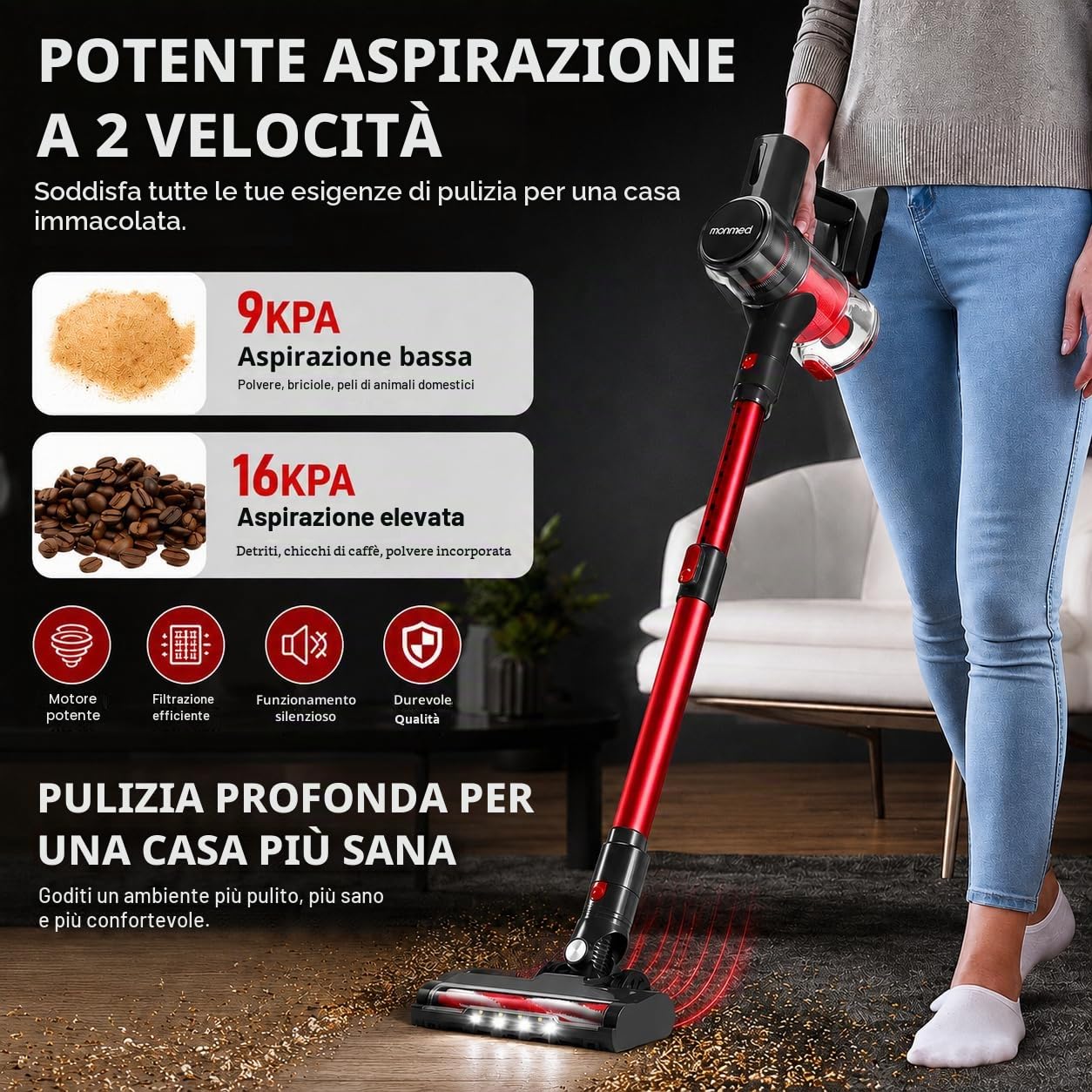 Aspirapolvere Senza Fili Estensibile 4-in-1 Scopa Elettrica Senza Filo LED/Filtro HEPA/2 Velocità /49Mins Autonomia,Aspirapolvere Anti-groviglio,Ultraleggero,per Tappeti,Pavimenti,Peli animali(Rosso)