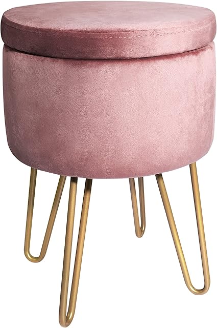 BONTEC Velvet Dressing Table Stool, Round Vanity Stool with Storange, Bedroom Ottoman Stool with Metal Legs for Home Living Room Fitting Room Bedroom (Pink)