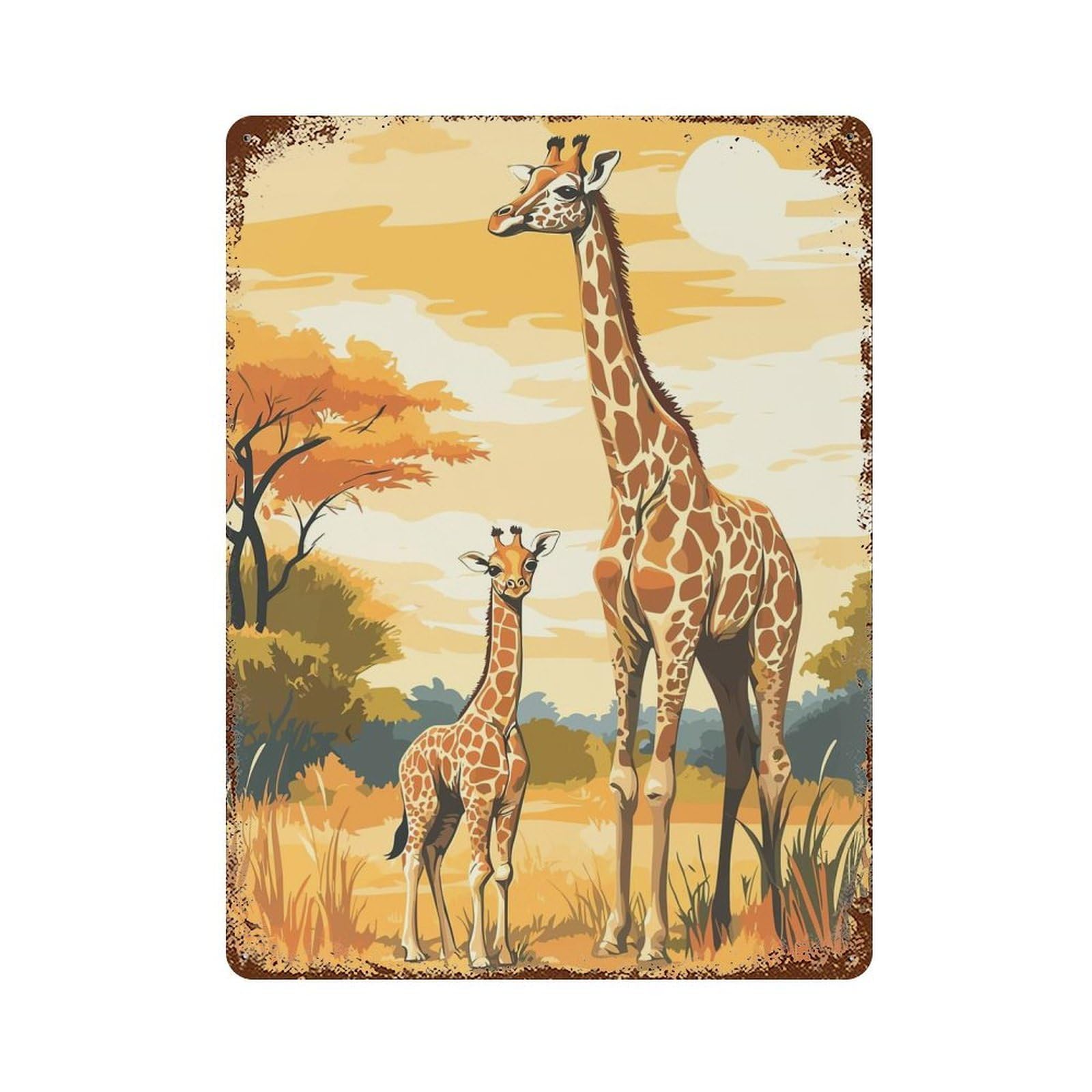 Giraffe Family in Savanna Rusty Metal Tin Sign 15.7"x11.8", Classic Wall Plaque for Pub, Kitchen And Man Cave Decor