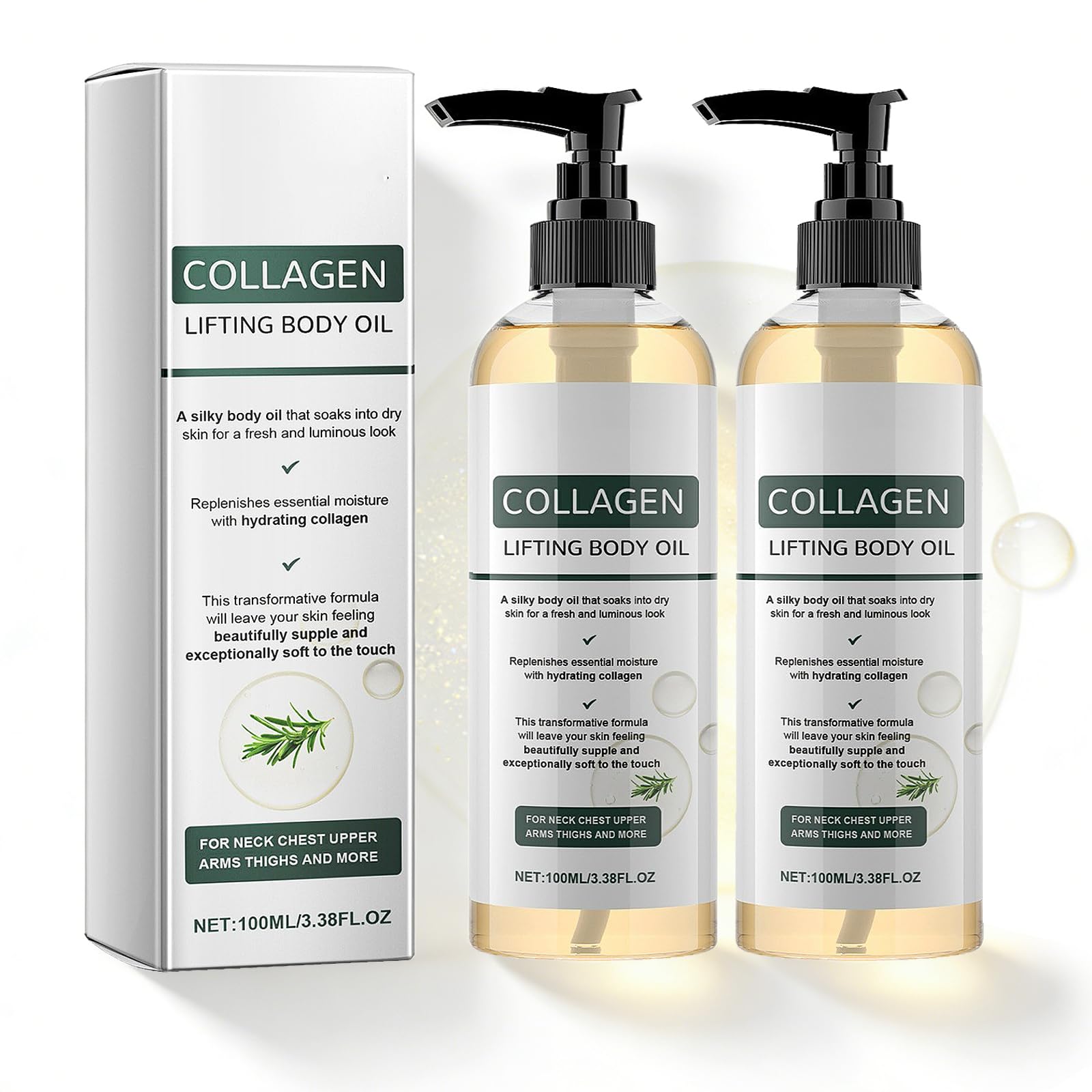 Collagen Lifting Body Oil with Vitamin E & Rosemary - Firming & Tightening Oil for Neck, Chest, Arms, Thighs - Hydrating Formula for Silky, Fresh, Luminous, and Supple Skin - 100ml (2PC) - 2
