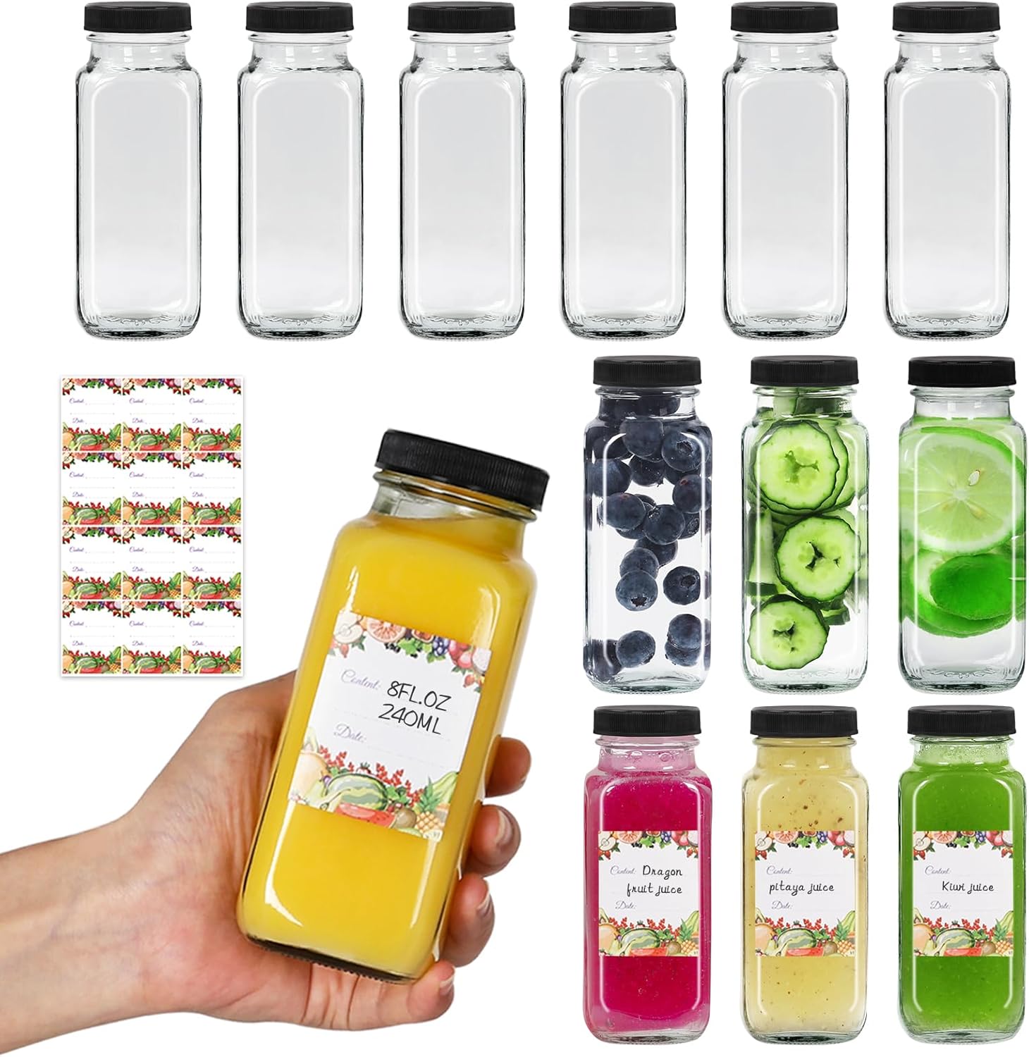 Alotpower 8 oz Glass Juice Bottles with Lids 12Pack, 240ml Square Reusable Drinking Bottles for Juicing, Water, Kombucha Juices, Milk, Beverages and More (8fl.oz, Set of 12)