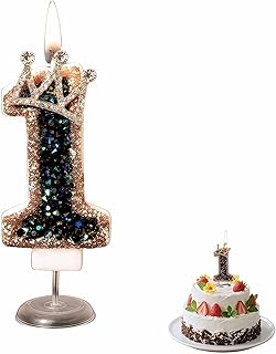 Black Gold Crown Number 1 Candles for Birthdays, Sparkling Glitter Cake Topper for Kids Wedding Anniversary Party Decor - Elegant & Reusable,Glitter Diamond Design with Stand (Black Gold 1)