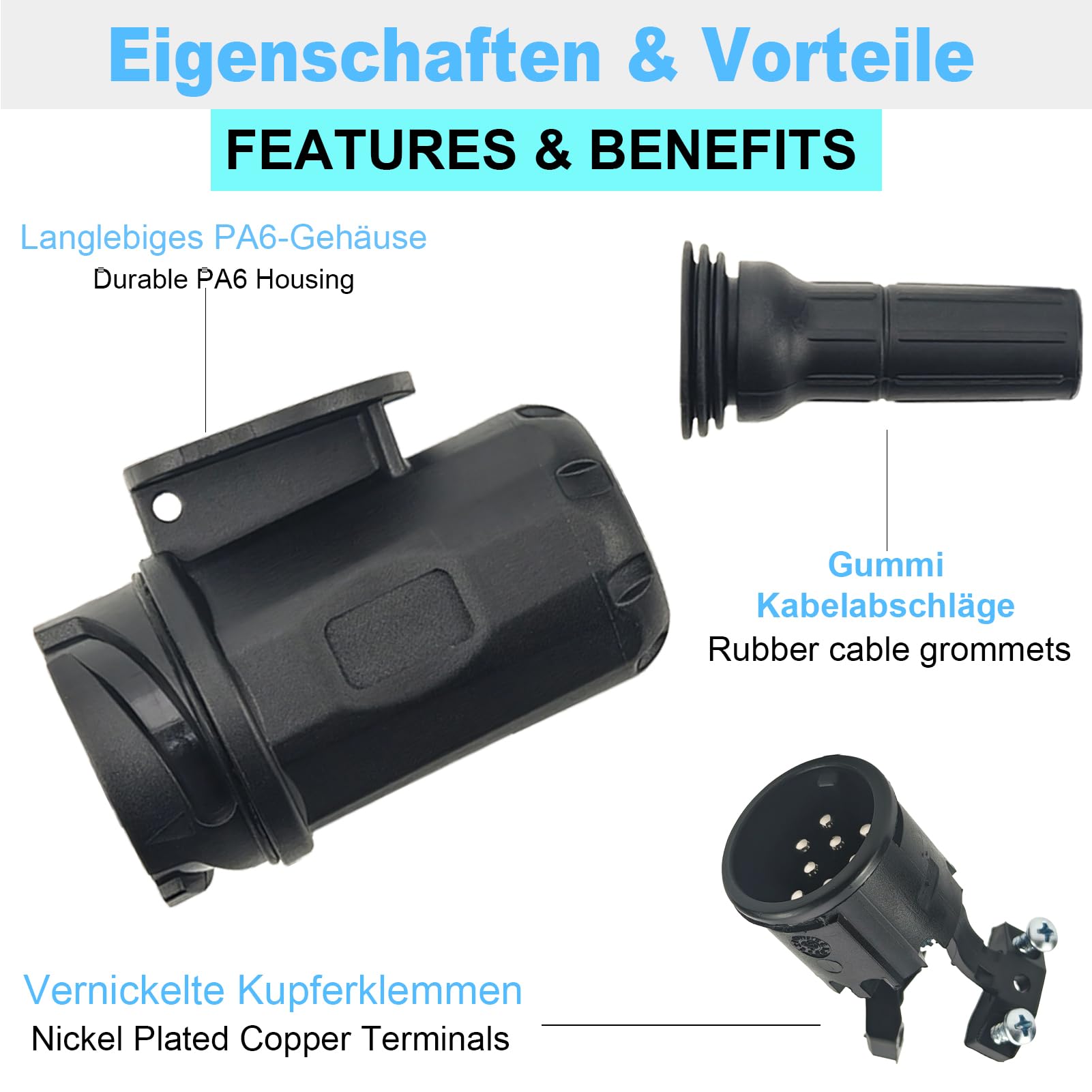 Conector de remolque, Conector de remolque premium - 13/8 polos con contacto de rosca según ISO 11446, para remolques de 12 V, incluye cubierta de estacionamiento, conector de 13 polos (conector