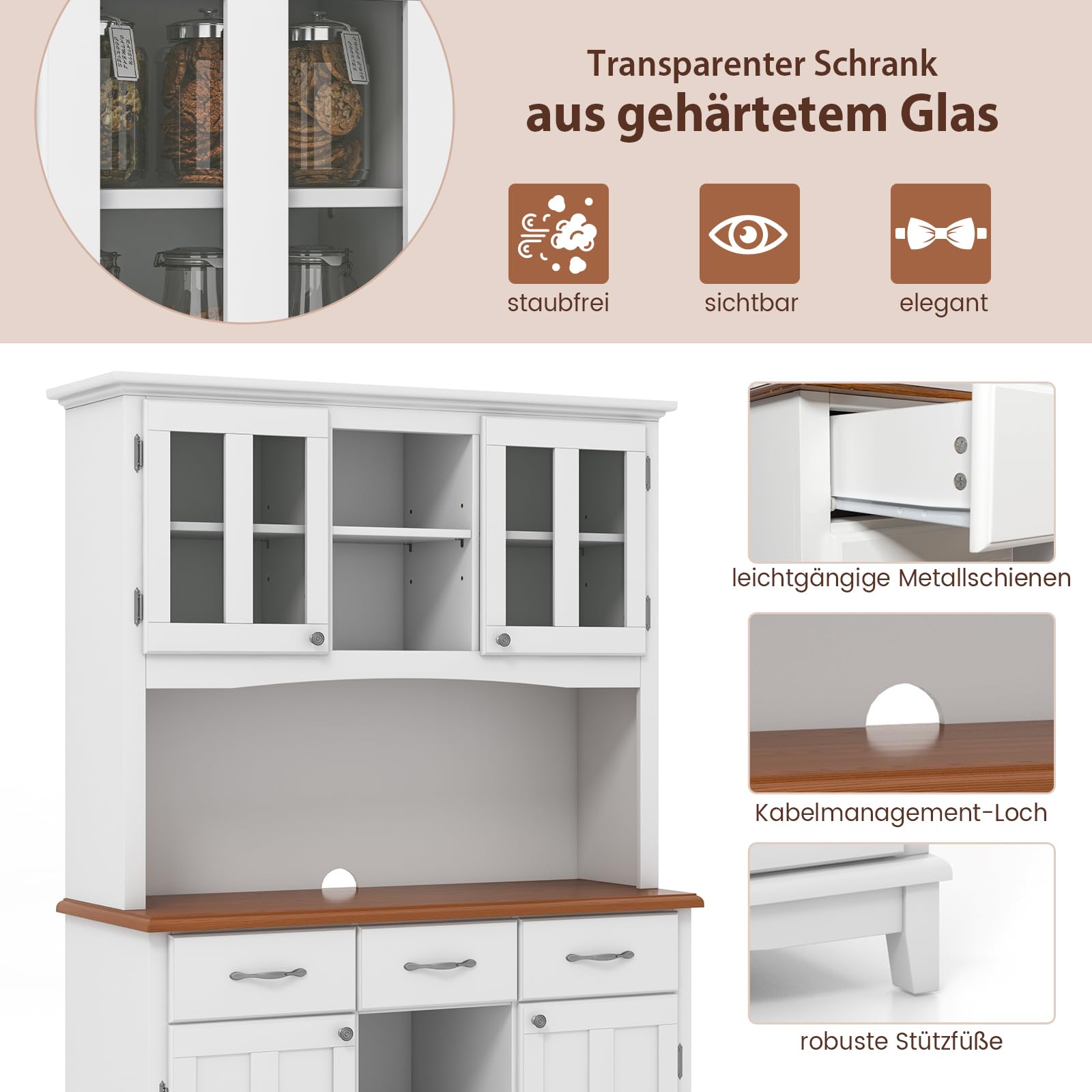 COSTWAY Küchenschrank, Küchenbuffet mit 3 Schubladen, Schränke, Weinregal, offenen Regalen und Arbeitsplatte, Buffetschrank Hochschrank mit verstellbaren Regalen, 112 x 43 x 184,5 cm, Weiß