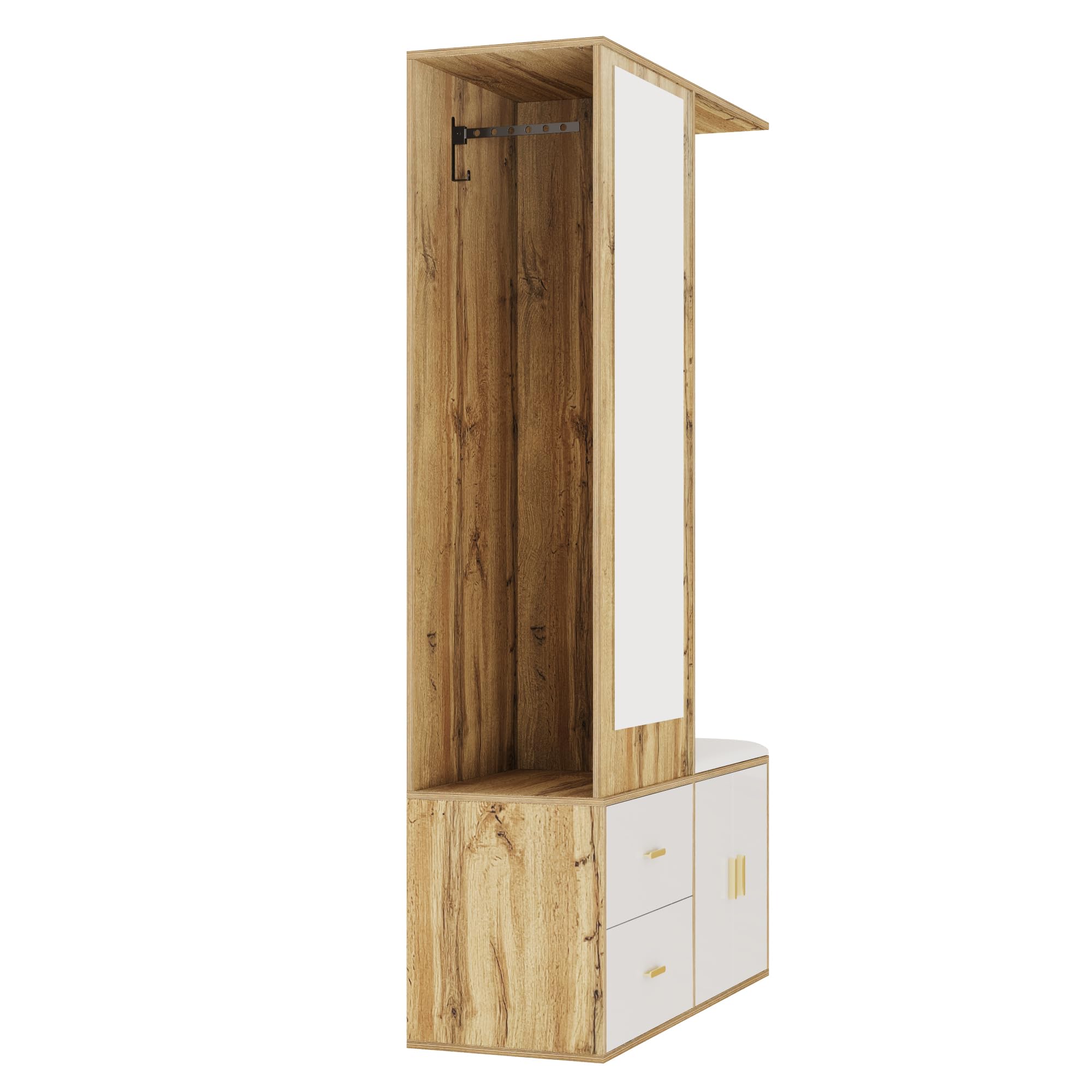 Elegante juego de perchero en colores blanco y madera con espejo, zapatero, zapatero con gancho y barra extensible (color blanco y madera)