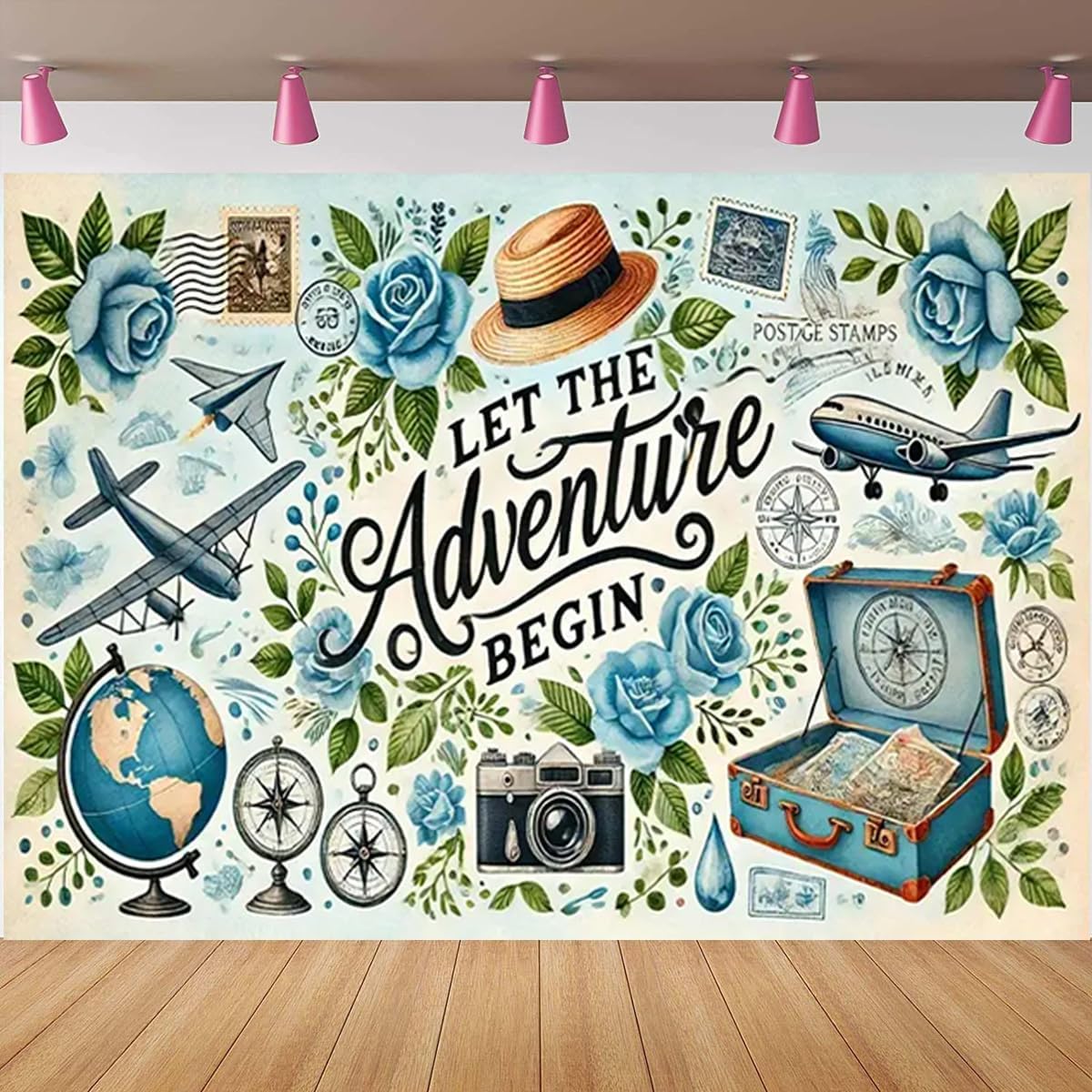 Blue Let The Adventure Begin Photography Background Travel Adeventure Theme Bridal Baby Shower Party Decorations Graduation Travel Blue Flowers Luggage Adventure Party Background (7X5FT)