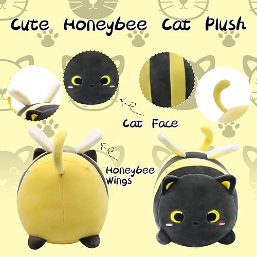 Miniatura 4 de Almohada de gato negro con abeja de peluche, 20 cm de gatos lindos con abeja de peluche, gatos kawaii de peluche, abejas de peluche suaves y gato de