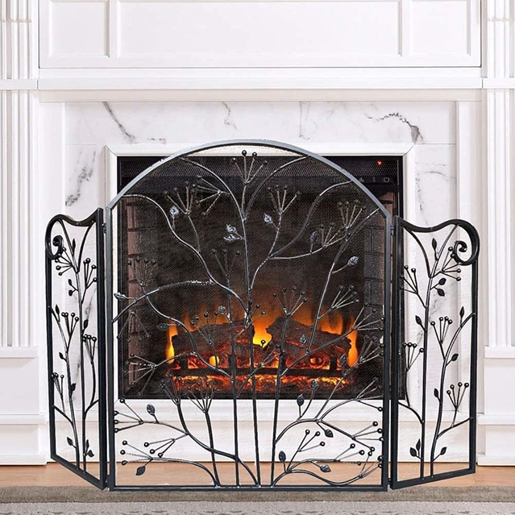 Fireplace Screen Spark Guard Fireplace Screen,Fireplace Screen with Leafdetail, Fireplace Mesh Screen Curtain 3-Panel Iron Fireplace Screen for Wood Burning Stove (Color : Black, Size : XX)