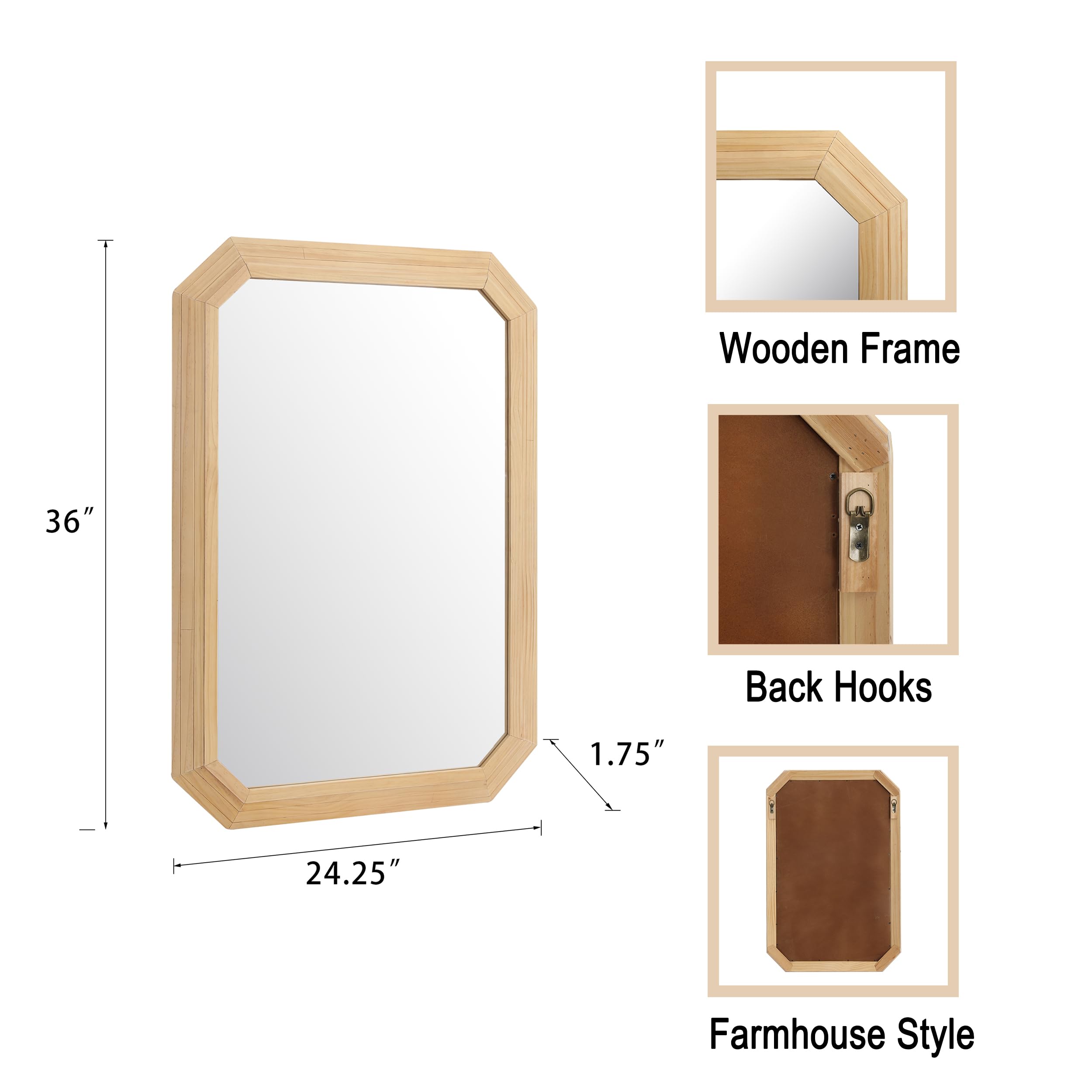 Glitzhome ファームハウス 壁掛けミラー 八角形の木製フレーム 素朴なヴィンテージ装飾 玄関 寝室 リビングルーム バスルーム ドレッサー用 八角形ミラーの通販