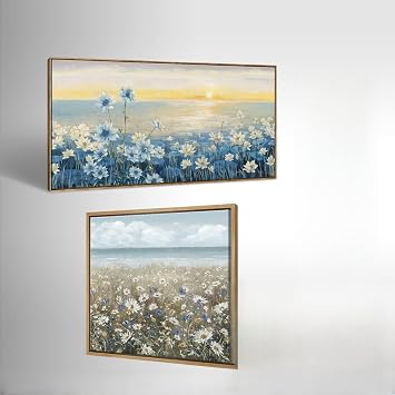 Framed Wall Art for Bedroom Decor Farmhouse Boho Beach Coastal Vintage Floral Ocean Wall Picture 24x24 and Large Framed Bedroom Wall Art, Modern Beach Coastal Ocean Nature Blue Artwork 48x24