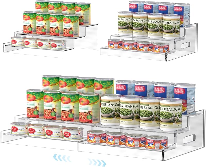 Expandable Can Organizer for Pantry, 3-Tier Adjustable Can Storage Holder | Soda Organizer Holds Up to 24 Cans, Acrylic Canned Food Organizer for Pantry, Cabinet, Countertop, Kitchen